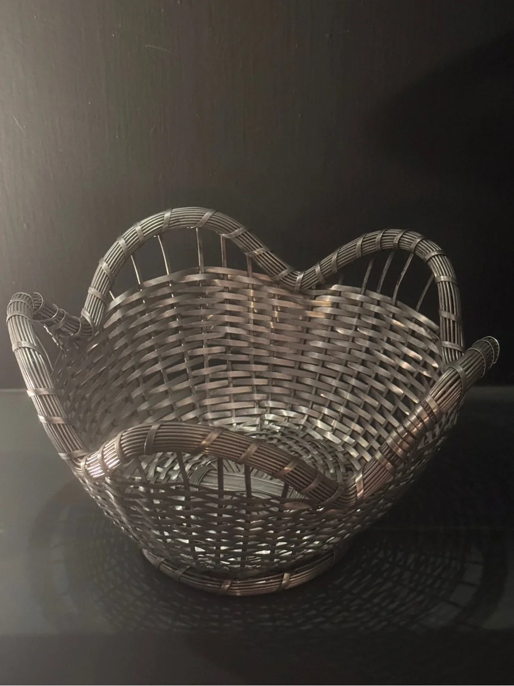 Vintage French Scalloped Silver Tone Woven Metal Basket Decorative Centerpiece